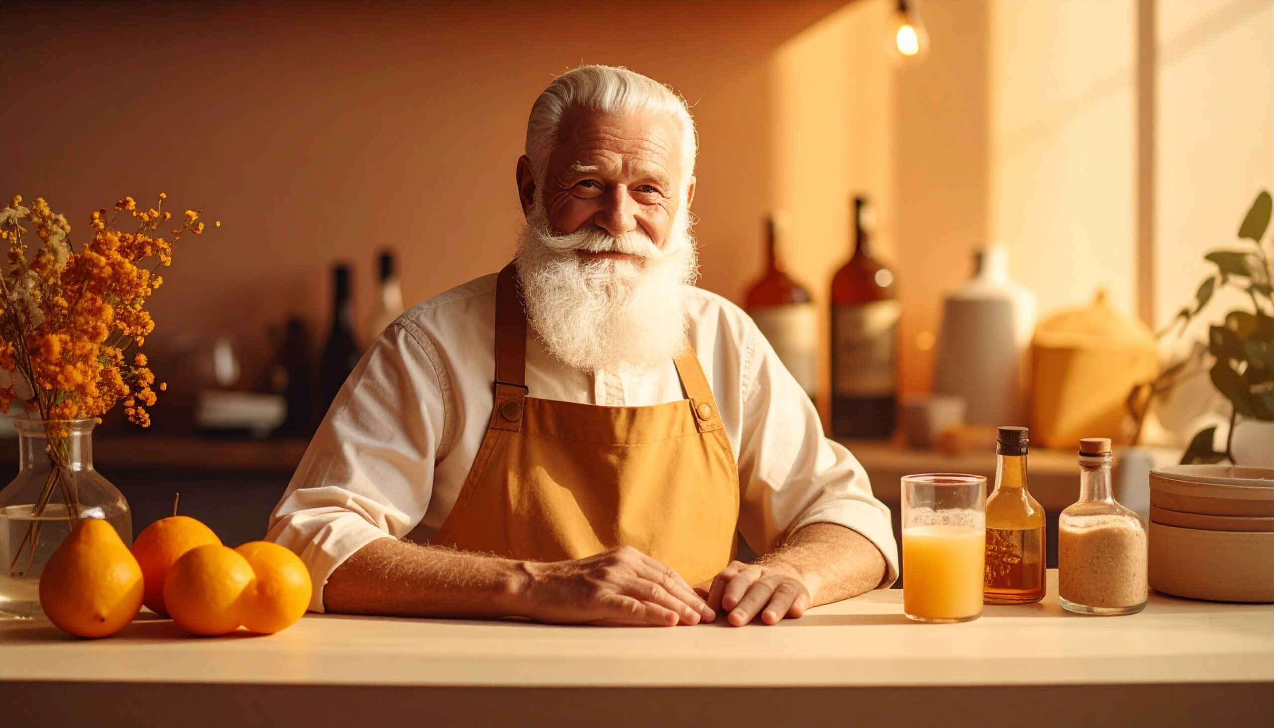 Firefly_crie um balcao de bar antigo e velho com um senhor de 80 anos com barba branca e cabe 393322